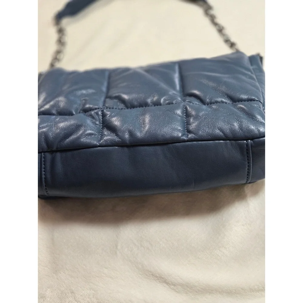 Zara Blue Quilted Puffer Shoulder Bag‎ Gunmetal Chain Strap Minimalist Small